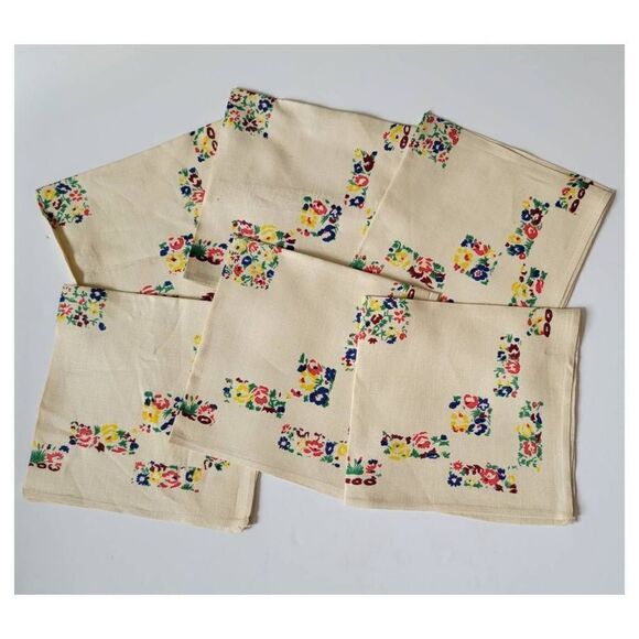 Vintage 1940's Deadstock Floral Printed Linen Napkin Set of Six - Picture 2 of 5